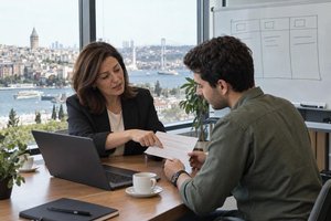 A team leader delegating a task to a colleague using a written task sheet
